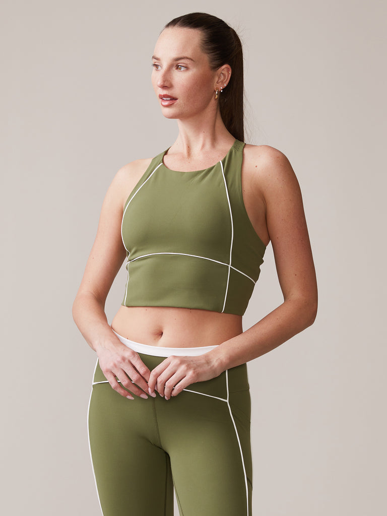 High Neck Piped Bra in Deep Olive