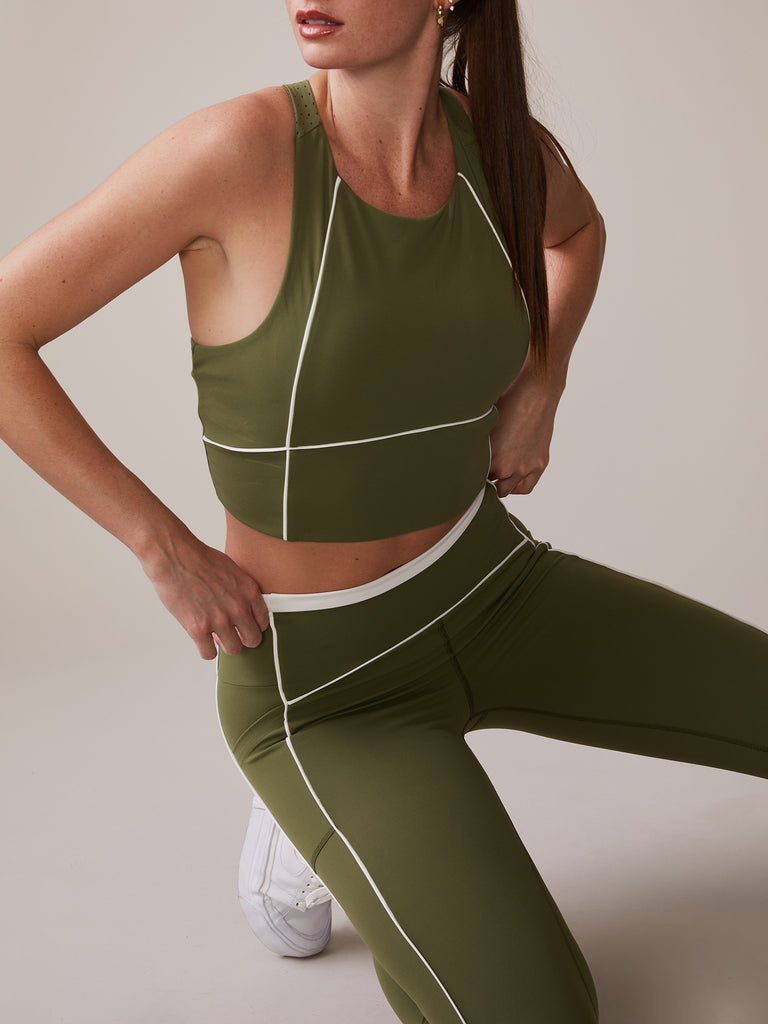 High Neck Piped Bra and Piped Pocket Legging in Deep Olive