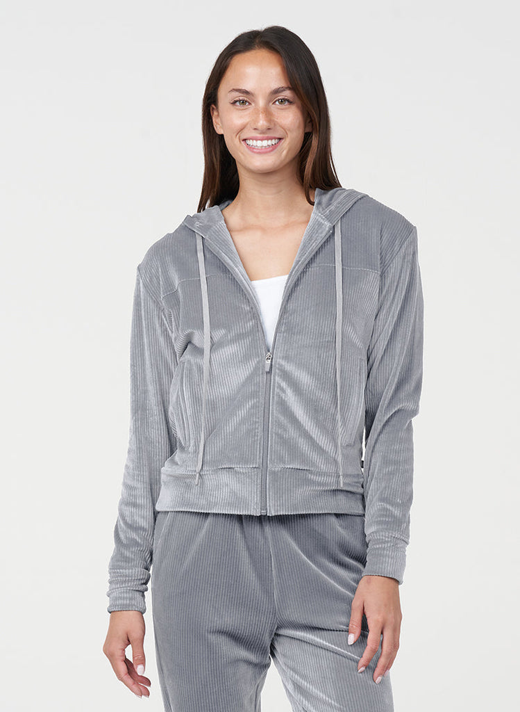 Rib Velour Zip Hoodie - Steel