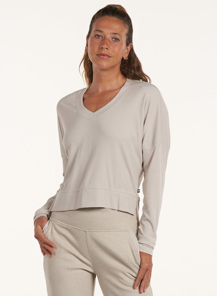 V-Neck Daily Side Slit Long Sleeve - Stone