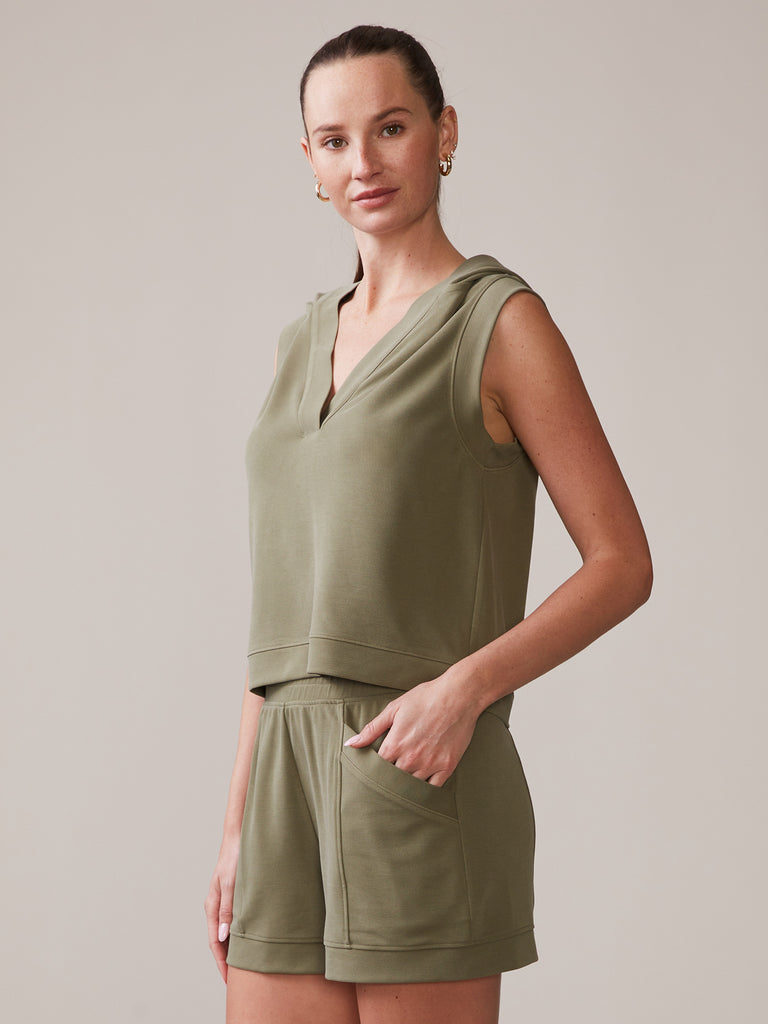 Luxe Twill Crop Hoodie and Luxe Twill Pocket Short in Deep Olive