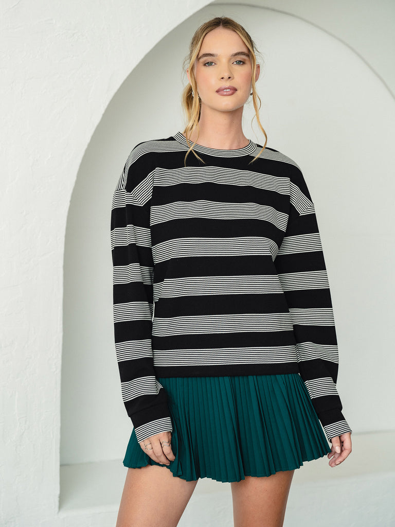 Stripe Crew Neck Pullover and Pleated Skort