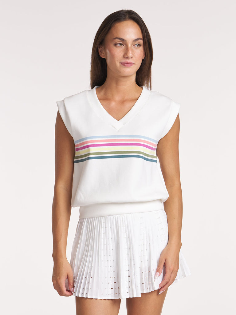 Stripe V-Neck Sleeveless Pullover - White