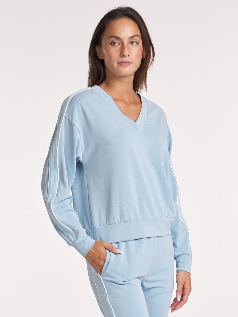 V-Neck Rib Mix Pullover - Cloud Blue