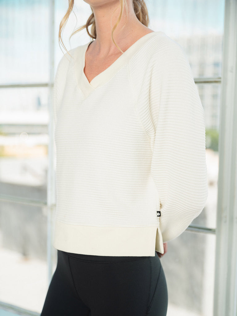 Double V-Neck Waffle Pullover