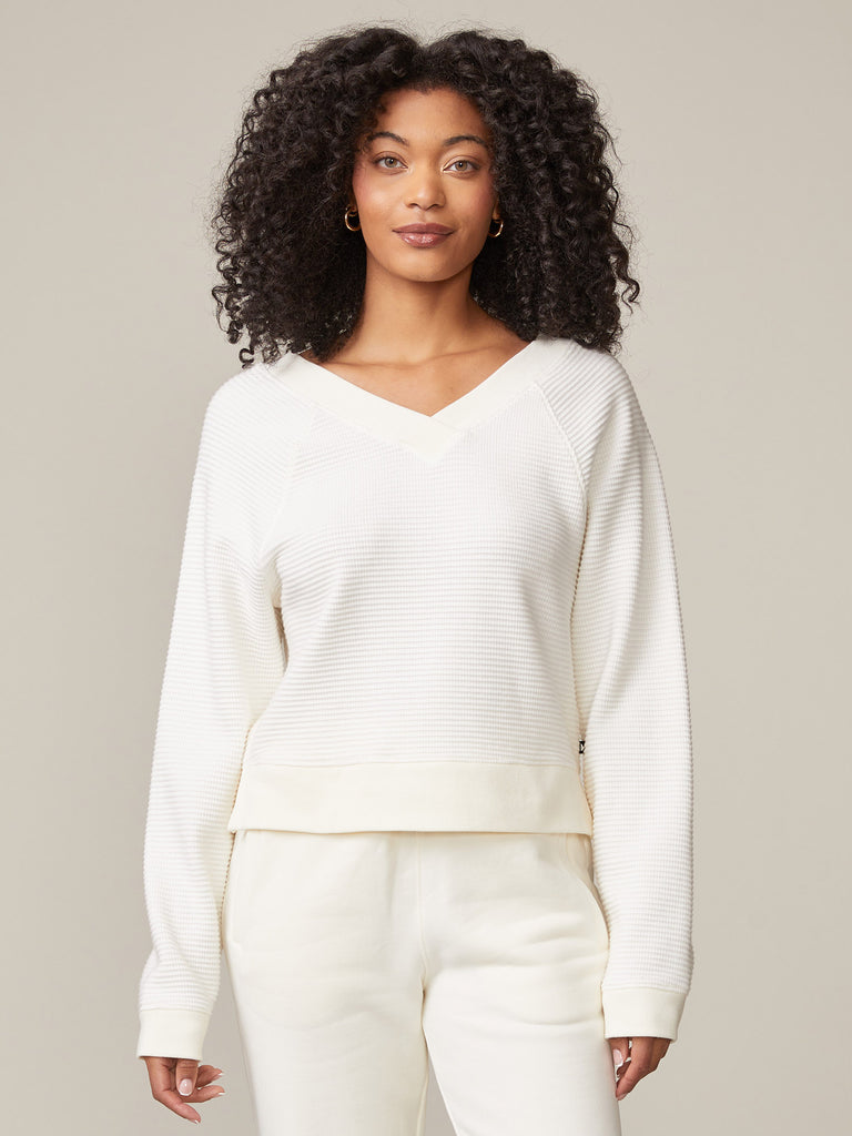 Double V-Neck Waffle Pullover
