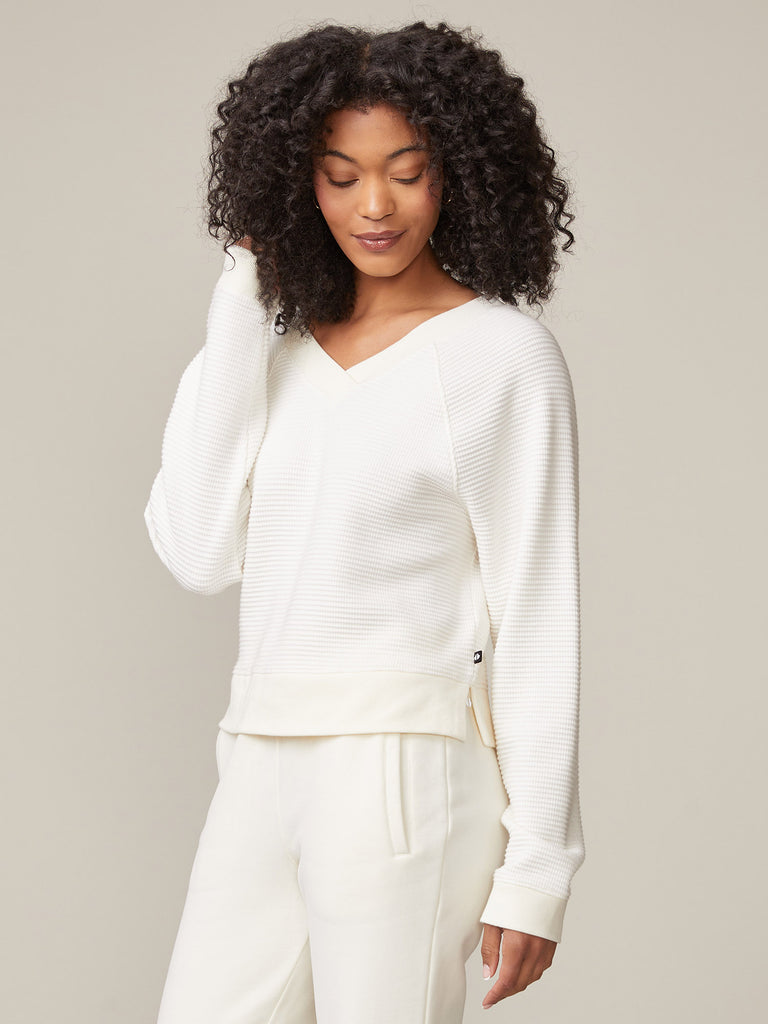 Double V-Neck Waffle Pullover